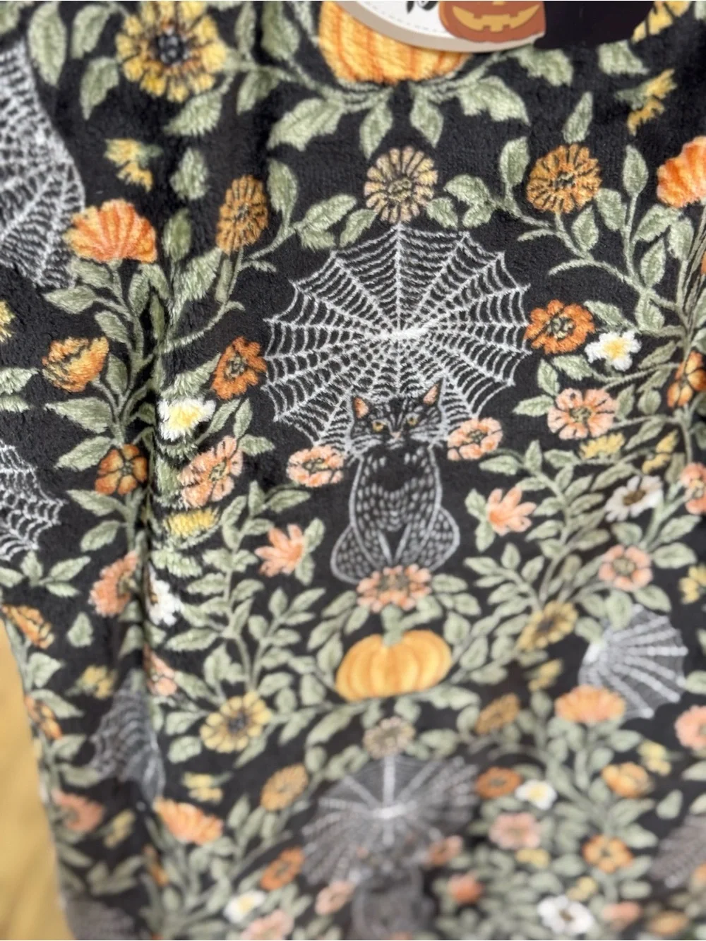 Plush Halloween Throw Blanket - Black & Orange Floral Spiderweb Design
